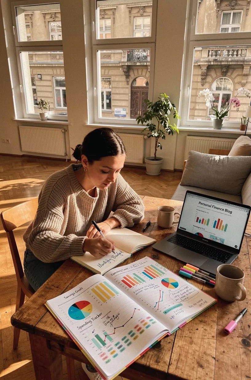 Személyes pénzügyi tervezés és hosszú távú megtakarítási stratégiák ábrázolása oktató munkafüzet segítségével.